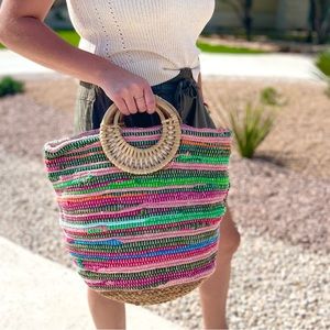 Last 1! NWT Vibrant Handmade Braided Tote bag with wooden Handle